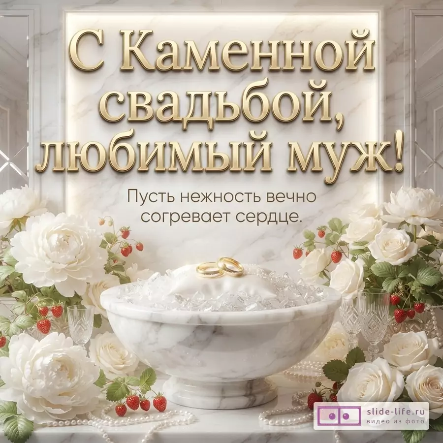Открытка с белым мраморным фоном, золотыми буквами и белыми цветами. В центре мраморная чаша со льдом и двумя золотыми кольцами. Текст: «С Каменной свадьбой, любимый муж! Пусть нежность вечно согревает сердце.»