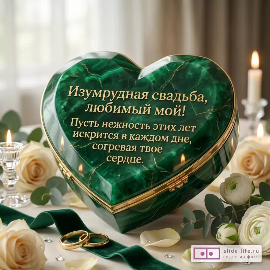 Открытка с зеленой шкатулкой в форме сердца под малахит с золотой окантовкой, белыми розами, свечами, кольцами и текстом «Изумрудная свадьба, любимый мой! Пусть нежность этих лет искрится в каждом дне, согревая твое сердце.»