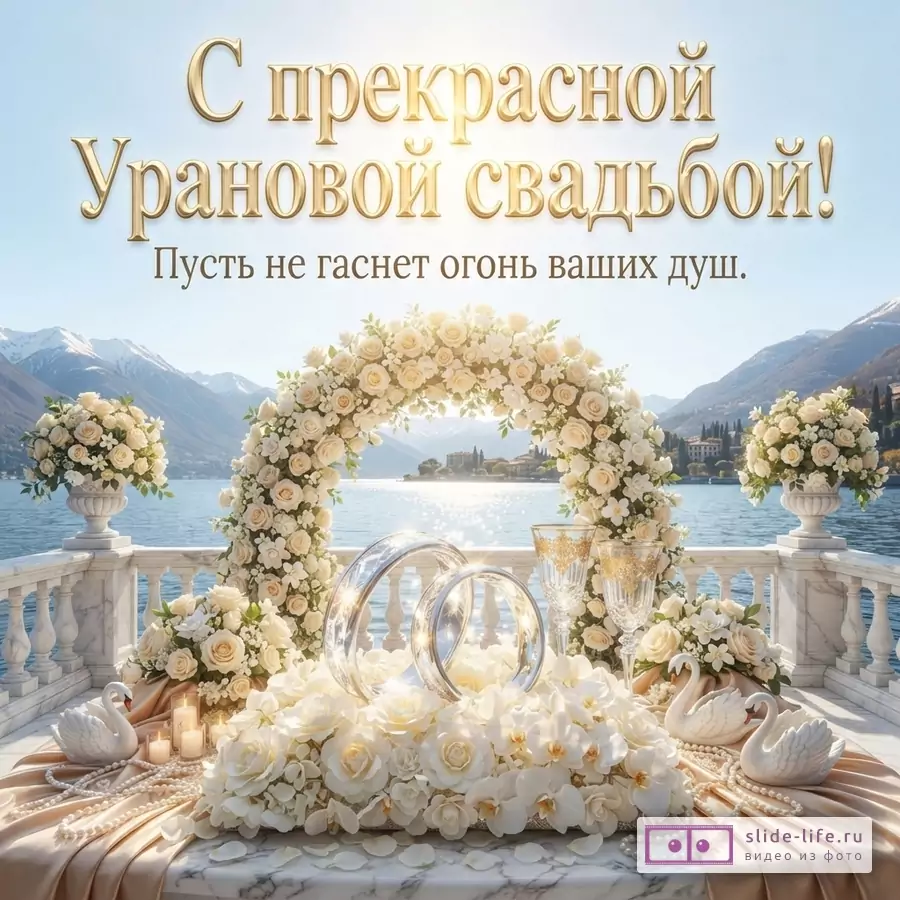 Светло-голубой фон, вид на озеро и горы, цветочная арка, белые цветы, два серебристых кольца, текст «С прекрасной Урановой свадьбой! Пусть не гаснет огонь ваших душ.»