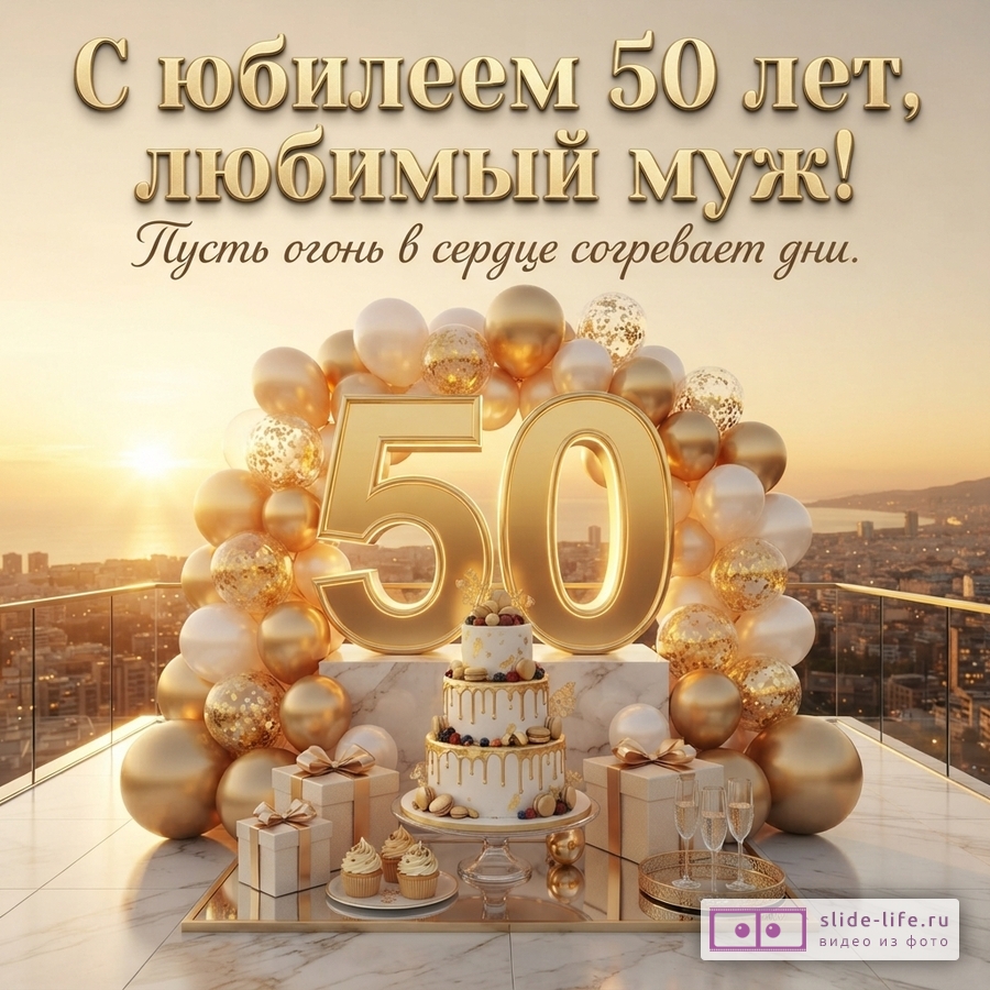 Открытка с золотыми шарами и цифрами «50» на фоне заката. Текст: «С юбилеем 50 лет, любимый муж! Пусть огонь в сердце согревает дни.»