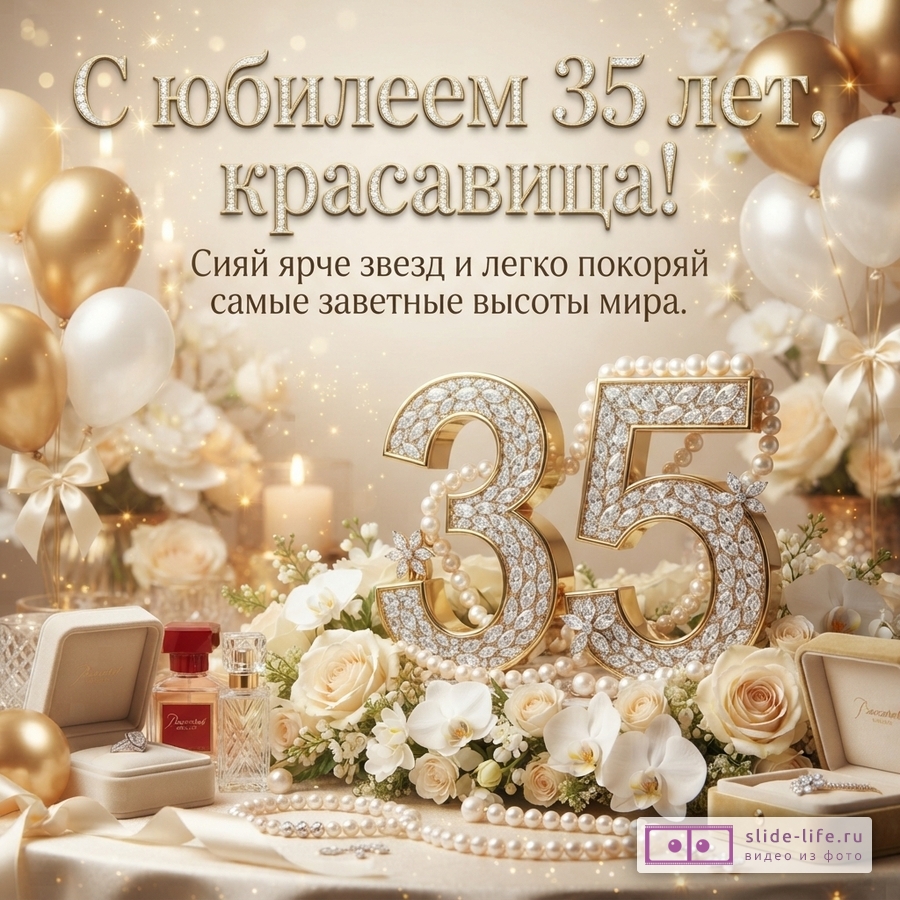 Объемная цифра 35 с кристаллами среди белых роз, жемчуга, флаконов духов и воздушных шаров с текстом «С юбилеем 35 лет, красавица! Сияй ярче звезд и легко покоряй самые заветные высоты мира.»