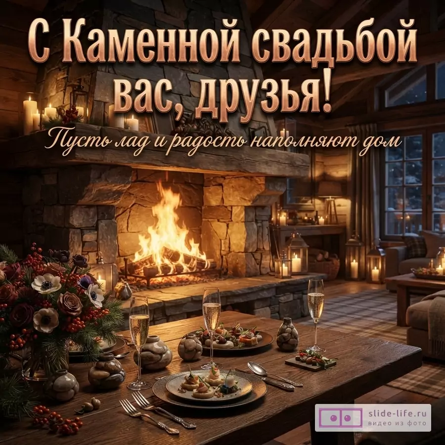 Интерьер деревянного дома с камином, горящим огнем, свечами, накрытым столом с закусками и бокалами шампанского. Текст: «С Каменной свадьбой вас, друзья! Пусть лад и радость наполняют дом»