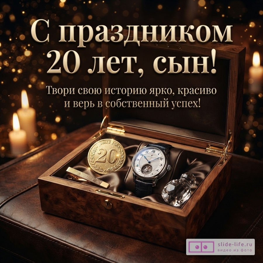 Деревянная шкатулка с наручными часами, золотой монетой с цифрой 20 и зажимом на темном фоне с боке и свечами. Текст: «С праздником 20 лет, сын! Твори свою историю ярко, красиво и верь в собственный успех!»