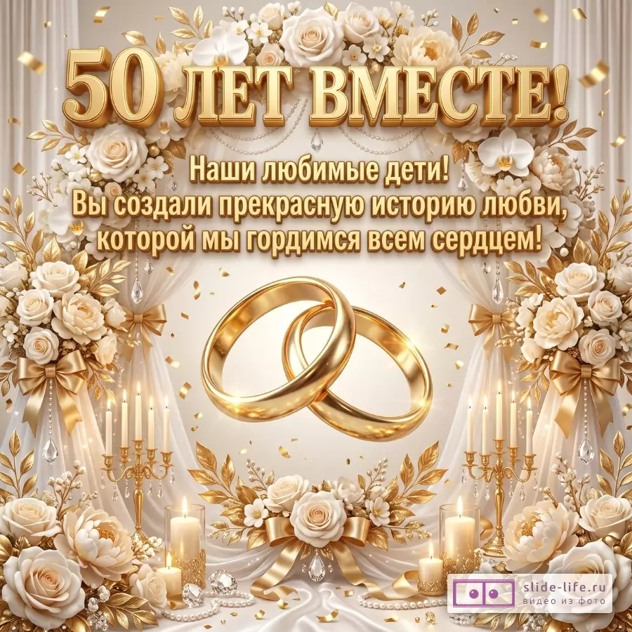 Бежевый фон, золотые кольца, белые розы, свечи, ленты и конфетти. Текст: «50 ЛЕТ ВМЕСТЕ!», «Наши любимые дети!»
