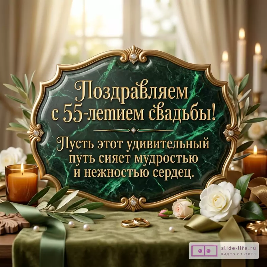 Открытка с темно-зеленой мраморной табличкой в золотой рамке, бежевый фон, свечи, белые розы, оливковые ветви, золотые кольца, текст «Поздравляем с 55-летием свадьбы! Пусть этот удивительный путь сияет мудростью и нежностью сердец.»