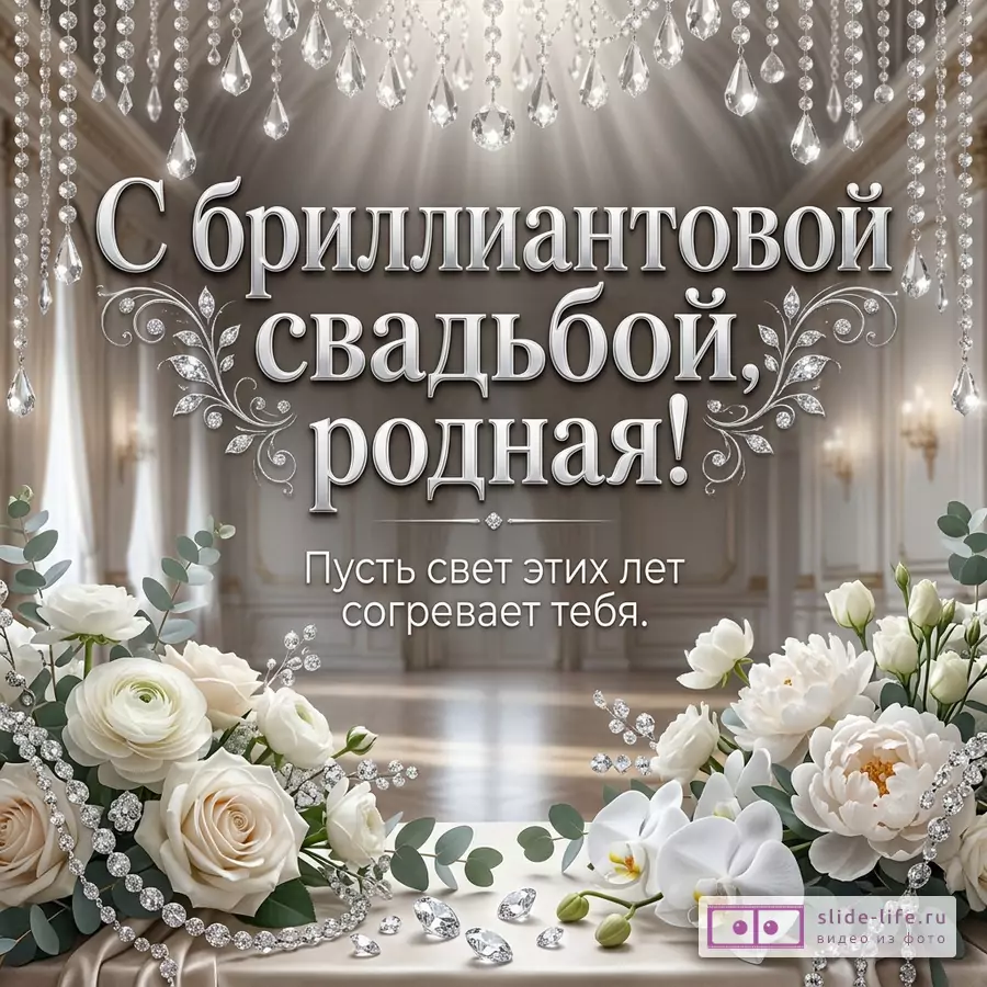 Белая и серебристая открытка с хрустальными подвесками, белыми цветами, бриллиантами и текстом «С бриллиантовой свадьбой, родная! Пусть свет этих лет согревает тебя.»