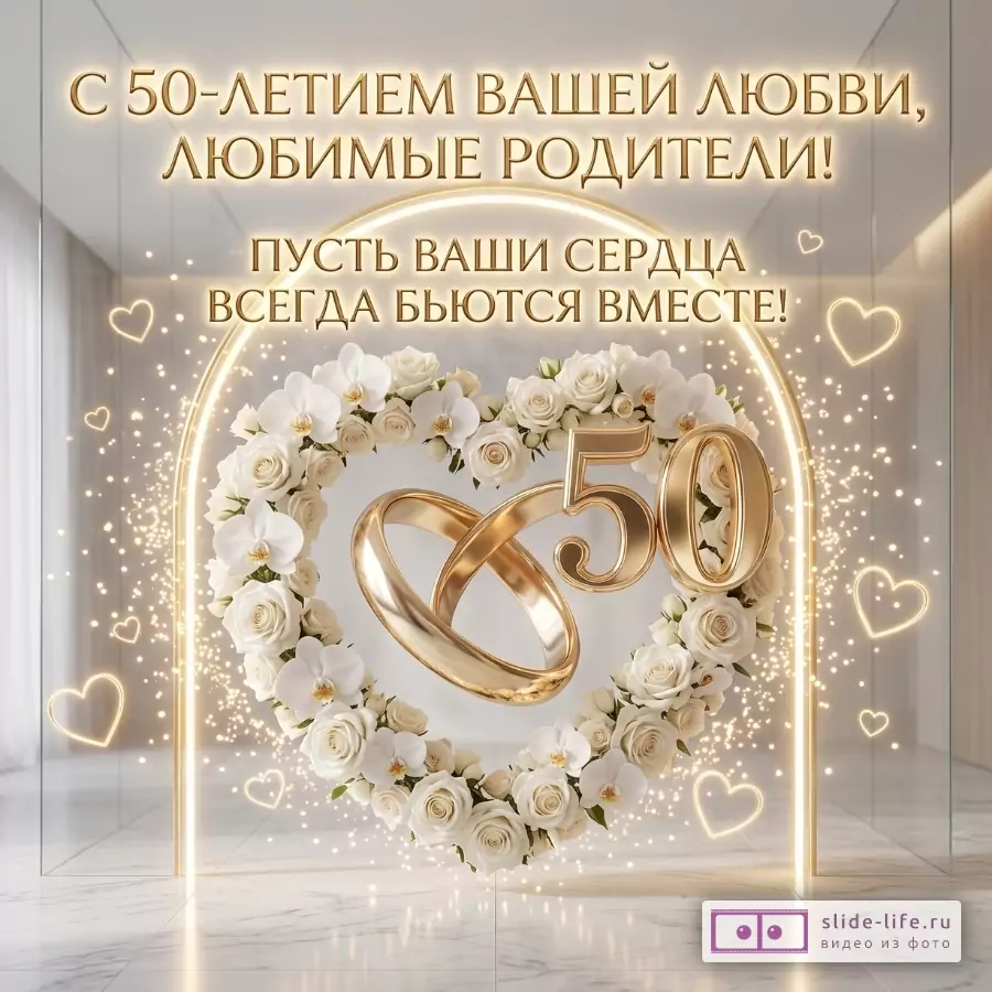 Светло-бежевый фон с золотым свечением, сердце из белых роз и орхидей, золотые обручальные кольца и число 50, декоративные сердца. Текст: «С 50-ЛЕТИЕМ ВАШЕЙ ЛЮБВИ, ЛЮБИМЫЕ РОДИТЕЛИ! ПУСТЬ ВАШИ СЕРДЦА ВСЕГДА БЬЮТСЯ ВМЕСТЕ!»