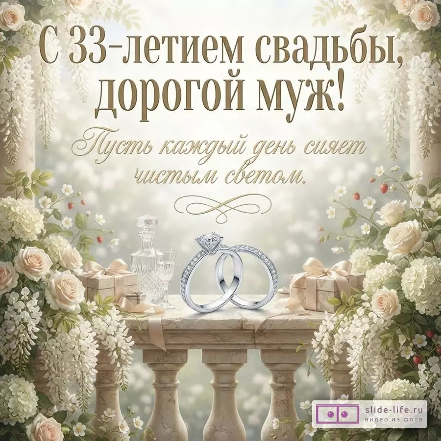 Открытка с бежевым фоном, белыми цветами и зеленью, на переднем плане балкон с двумя обручальными кольцами. Текст: «С 33-летием свадьбы, дорогой муж! Пусть каждый день сияет чистым светом.»