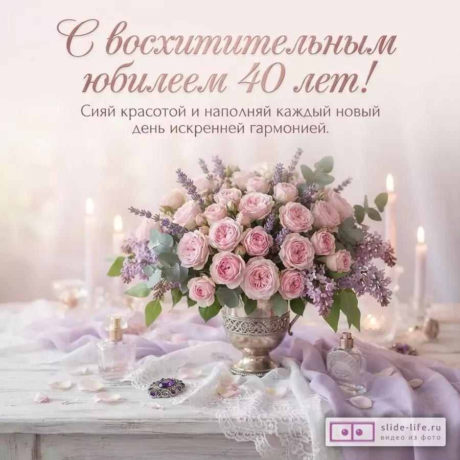 Открытка с розовым фоном, сверху текст «С восхитительным юбилеем 40 лет! Сияй красотой и наполняй каждый новый день искренней гармонией.». Внизу букет розовых роз и сирени в серебряной вазе, свечи, флаконы духов, брошь.