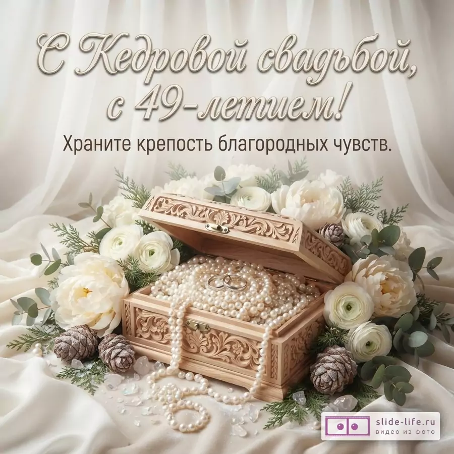 Бежевый фон, белые цветы, деревянная шкатулка с жемчугом, шишки. Текст: «С Кедровой свадьбой, с 49-летием! Храните крепость благородных чувств.»