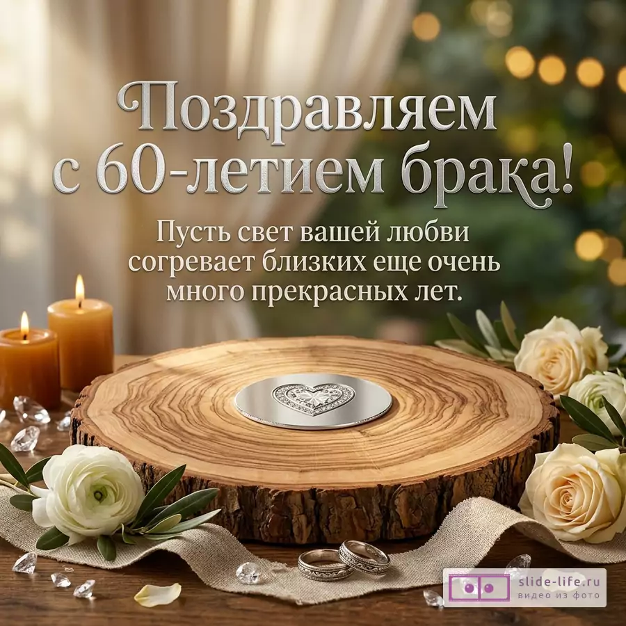 Бежево-зеленый фон с размытыми огнями, свечи, деревянный спил, кольца, белые розы и кристаллы, текст «Поздравляем с 60-летием брака! Пусть свет вашей любви согревает близких еще очень много прекрасных лет.»