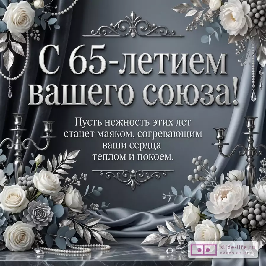 Серо-синяя открытка с белыми цветами, серебристыми узорами, свечами и драпировкой, текст «С 65-летием вашего союза! Пусть нежность этих лет станет маяком, согревающим ваши сердца теплом и покоем.»