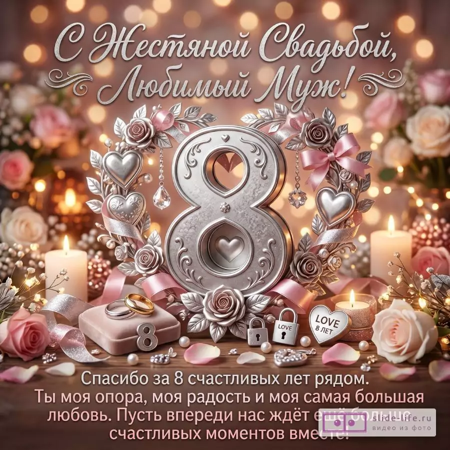 Жестяная свадьба 8 лет — красивая открытка любимому мужу от жены с поздравлением