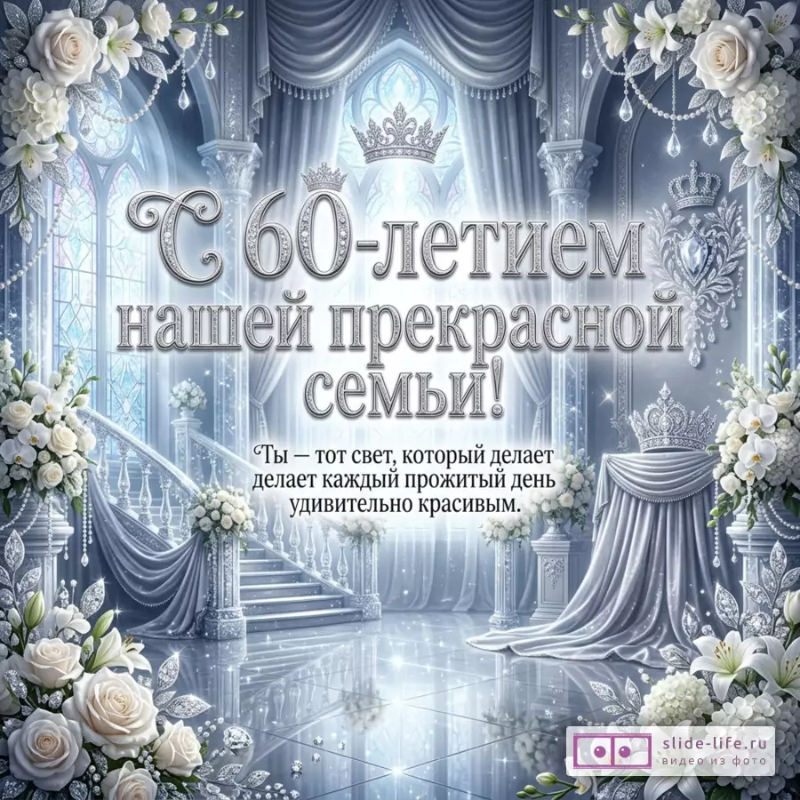 Серебристо-голубой интерьер дворца с лестницей, шторами, витражными окнами, коронами, белыми розами и лилиями, текст «С 60-летием нашей прекрасной семьи! Ты — тот свет, который делает делает каждый прожитый день удивительно красивым.»