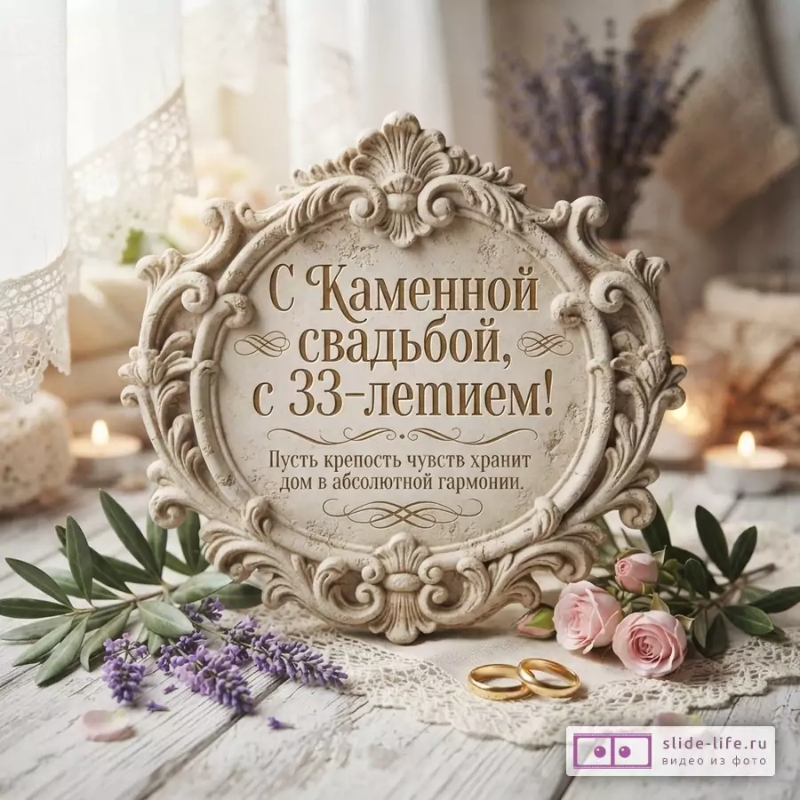 Бежевый фон, белая резная рамка с текстом «С Каменной свадьбой, с 33-летием! Пусть крепость чувств хранит дом в абсолютной гармонии.», лаванда, розовые розы, два золотых кольца.