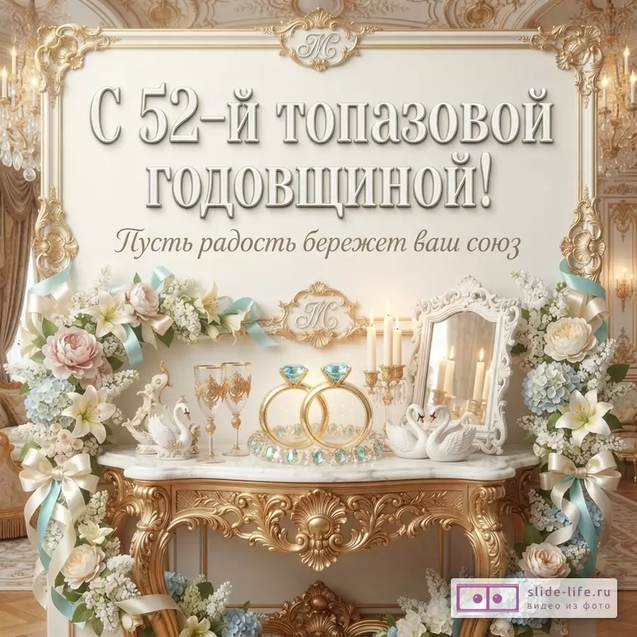 Бежево-золотая открытка с цветами, лентами, свечами, зеркалом и двумя кольцами. Текст «С 52-й топазовой годовщиной! Пусть радость бережет ваш союз.»