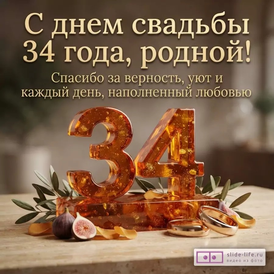 Открытка с коричневым фоном, золотистым текстом и янтарными цифрами «34». Текст: «С днем свадьбы 34 года, родной! Спасибо за верность, уют и каждый день, наполненный любовью»