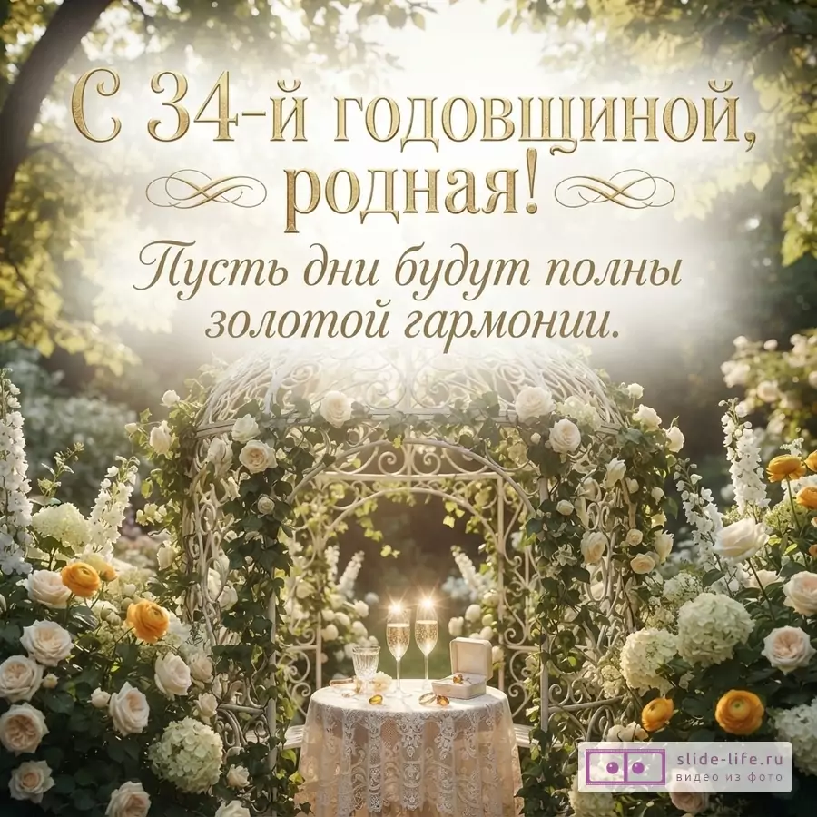 Открытка с беседкой, увитой белыми розами, на фоне солнечного сада. На переднем плане стол с двумя бокалами шампанского и кольцами. Текст: «С 34-й годовщиной, родная! Пусть дни будут полны золотой гармонии.»