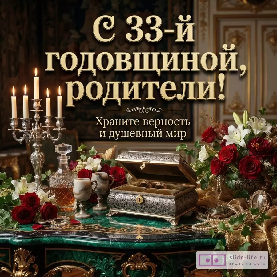 Темный фон, золотые буквы. Текст: «С 33-й годовщиной, родители! Храните верность и душевный мир». Свечи в подсвечнике, шкатулка, цветы, графин, бокалы на столе.