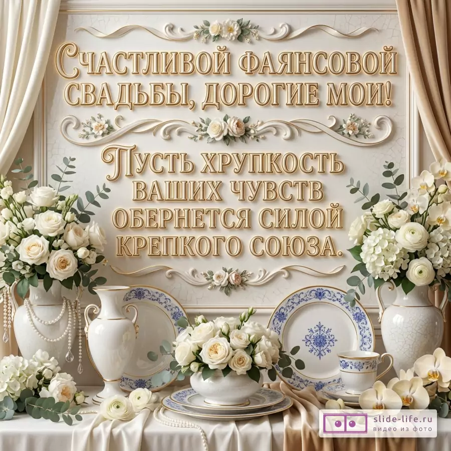 Открытка на 9 лет свадьбы о превращении хрупкости чувств в силу союза