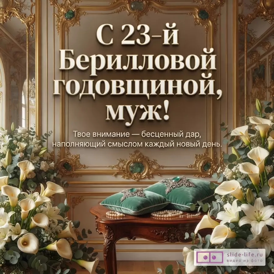 Интерьер с золотой лепниной, белыми каллами, столом с бархатными подушками цвета берилла и надписью «С 23-й Берилловой годовщиной, муж! Твое внимание — бесценный дар, наполняющий смыслом каждый новый день.»