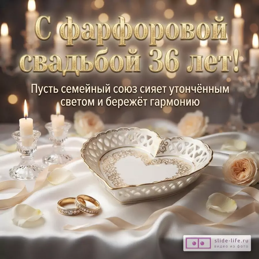 Темный фон с размытыми огоньками свечей. В центре золотой текст «С фарфоровой свадьбой 36 лет!». Ниже текст «Пусть семейный союз сияет утончённым светом и бережёт гармонию». На переднем плане белая атласная ткань, две свечи в подсвечниках, фарфоровая шкатулка в форме сердца, два обручальных кольца, лепестки роз и лента.