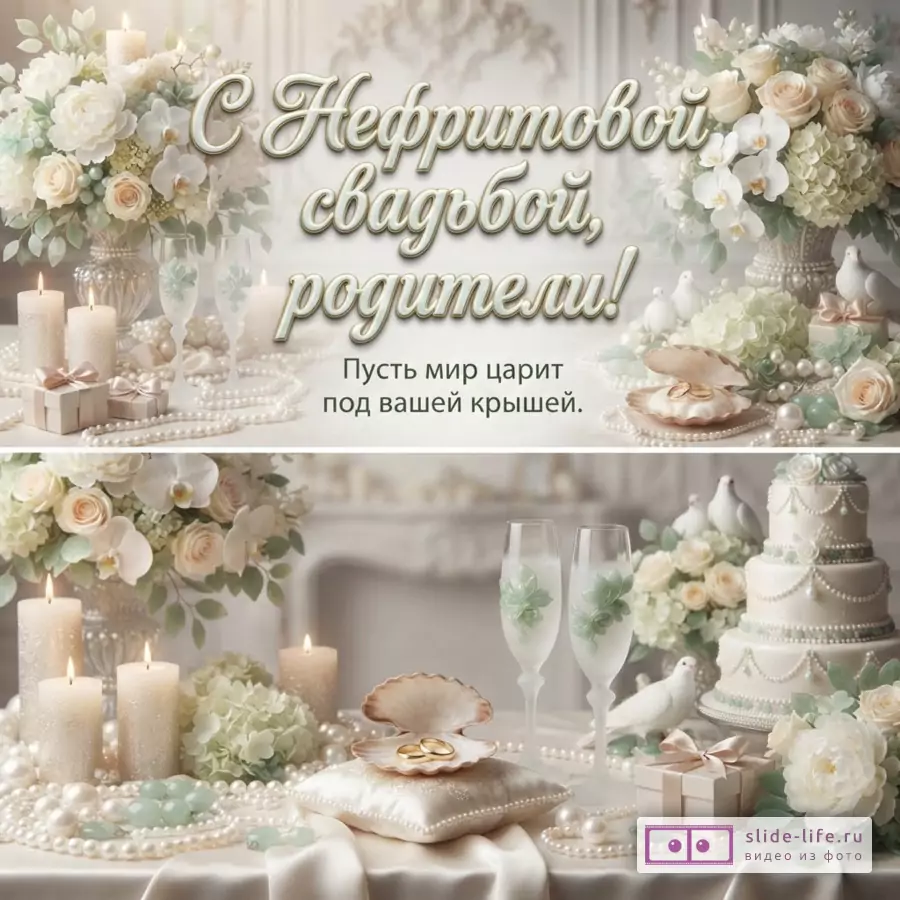 Светлый праздничный фон, цветочные композиции, свечи, жемчуг, бокалы и торт; текст «С Нефритовой свадьбой, родители! Пусть мир царит под вашей крышей.»