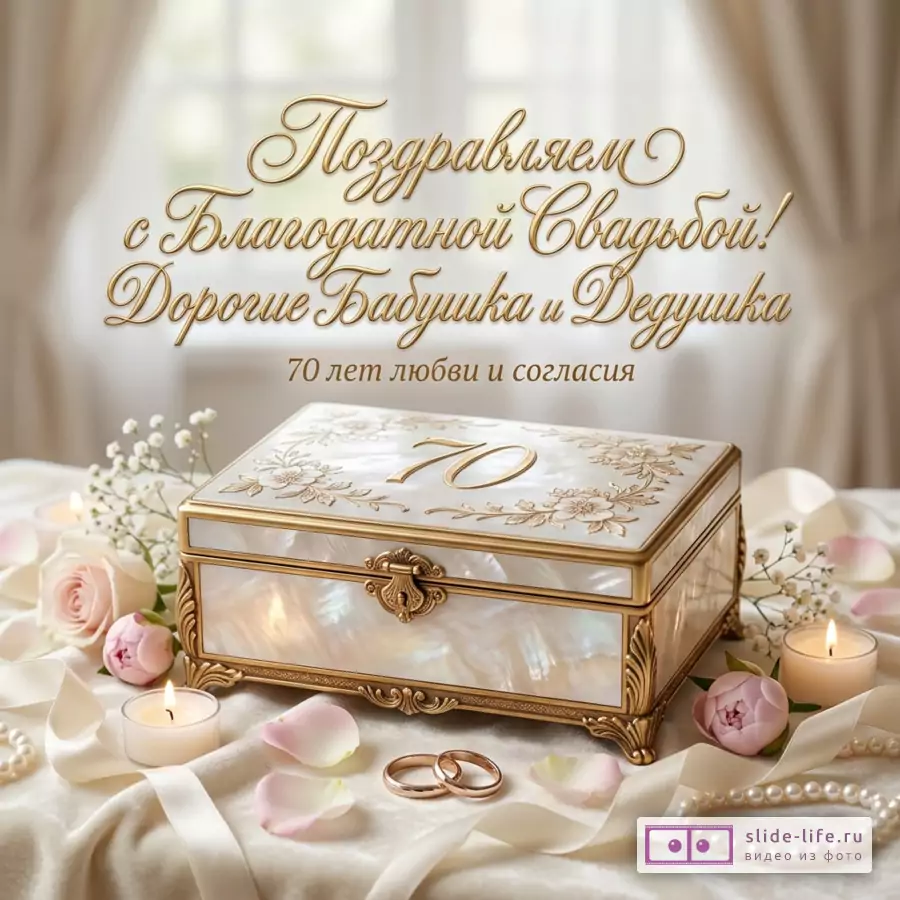 Белый и золотой фон, декоративная шкатулка с числом «70», свечи, розовые пионы, кольца, жемчуг, надпись «Вариант 8» и «Вариант 8»