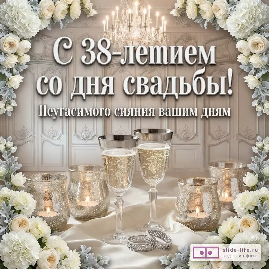 Бежевый фон с узорами, сверху и по бокам белые цветы, в центре два бокала с шампанским, свечи, два кольца. Текст: «С 38-летием со дня свадьбы! Неугасимого сияния вашим дням»