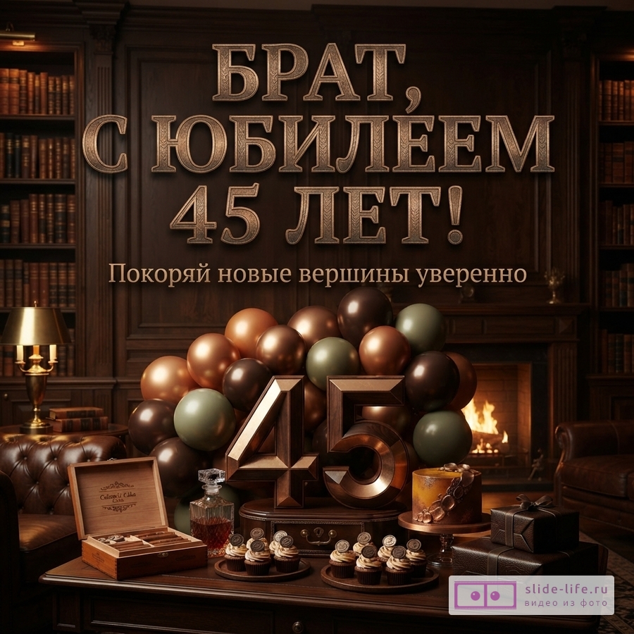 Открытка с юбилеем 45 лет. На темно-коричневом фоне библиотеки с камином и книжными полками, в центре надпись «БРАТ, С ЮБИЛЕЕМ 45 ЛЕТ! Покоряй новые вершины уверенно». Внизу столик с шарами, цифрами 45, тортом и подарками.