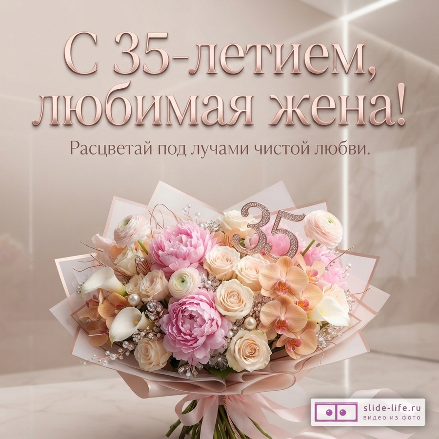 Открытка с букетом цветов и цифрой «35» на бежевом фоне. Текст: «С 35-летием, любимая жена! Расцветай под лучами чистой любви.»