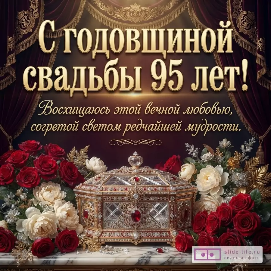 Бордовая открытка с золотыми шторами, розами, цветами и украшенной шкатулкой. Текст: «С годовщиной свадьбы 95 лет! Восхищаюсь этой вечной любовью, согретой светом редчайшей мудрости.»