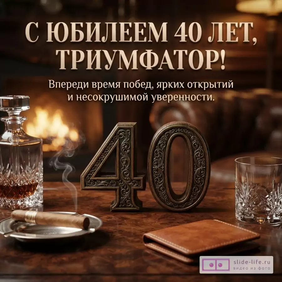Темная открытка с камином на фоне, на переднем плане графин с виски, сигара в пепельнице, цифры «40» из металла, стакан для виски и кожаный кошелек. Текст «С юбилеем 40 лет, триумфатор! Впереди время побед, ярких открытий и несокрушимой уверенности.»
