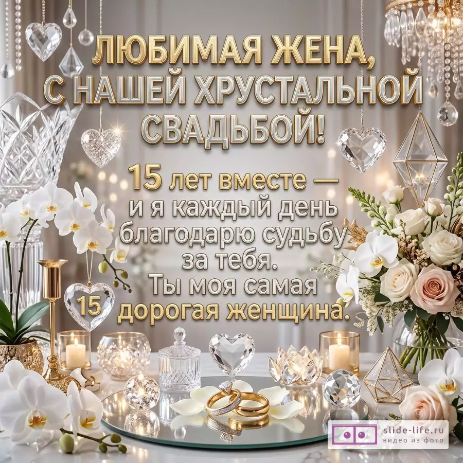 Хрустальная свадьба 15 лет — красивая открытка любимой жене с поздравлением от мужа