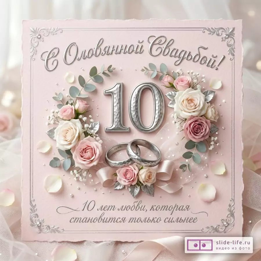 Светло-розовый фон, серебристая рамка, белые и розовые розы, ленты, два кольца и цифра «10». Текст: «С Оловянной Свадьбой!», «10 лет любви, которая становится только сильнее».
