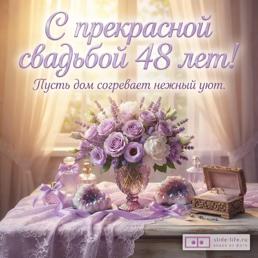 Открытка с фиолетовым фоном, букетом сиреневых роз и лаванды в вазе, аметистовыми друзами, флаконами духов и шкатулкой с кольцами. Текст: «С прекрасной свадьбой 48 лет! Пусть дом согревает нежный уют.»