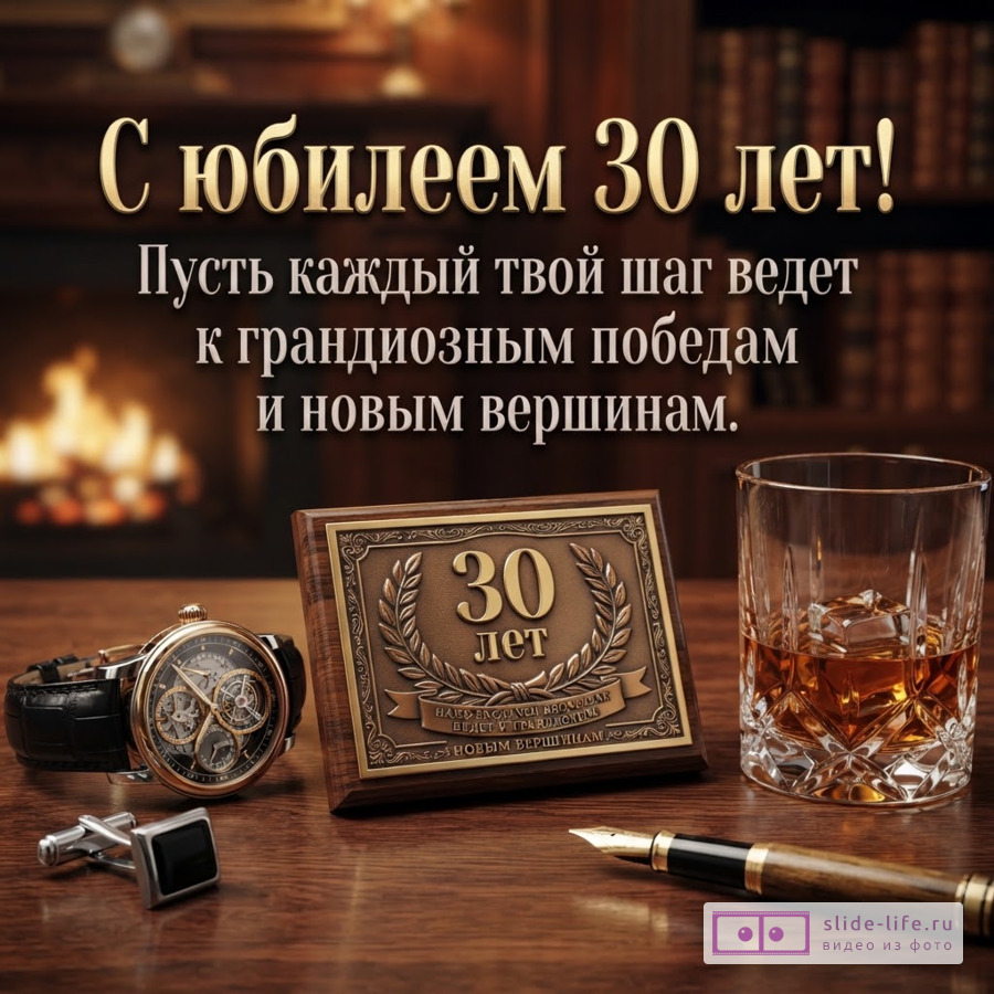 Памятная табличка с цифрой 30, наручные часы, запонки, перьевая ручка и стакан виски на столе с надписью «С юбилеем 30 лет! 30 лет! Пусть каждый твой шаг ведет к грандиозным победам и новым вершинам.»