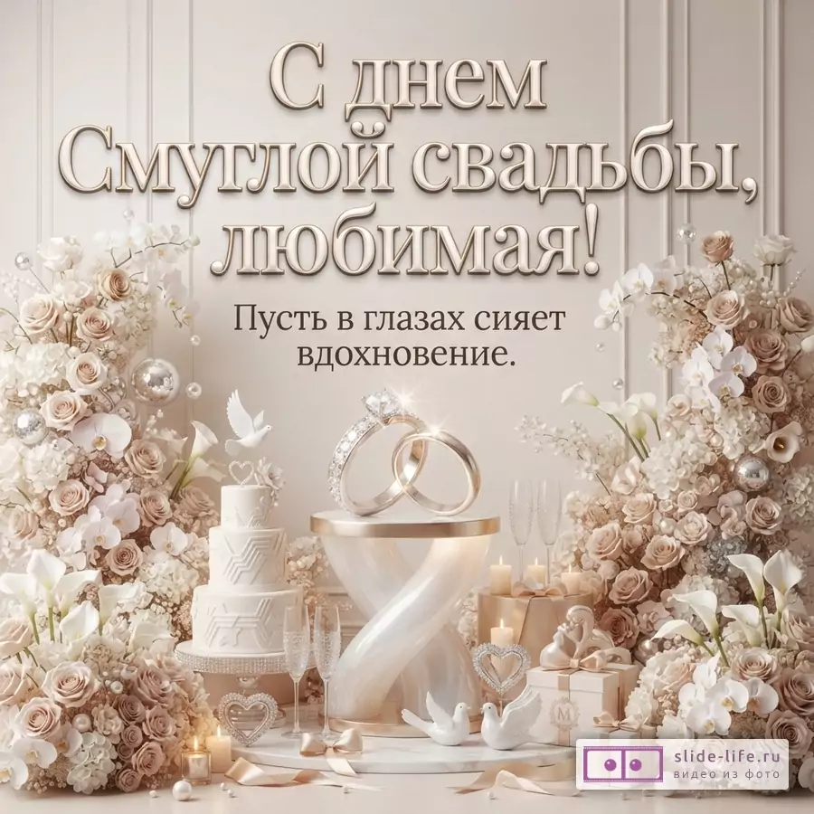 Бежево-белая свадебная композиция с цветами, кольцами, тортом и подарками, текст «С днем Смуглой свадьбы, любимая! Пусть в глазах сияет вдохновение.»