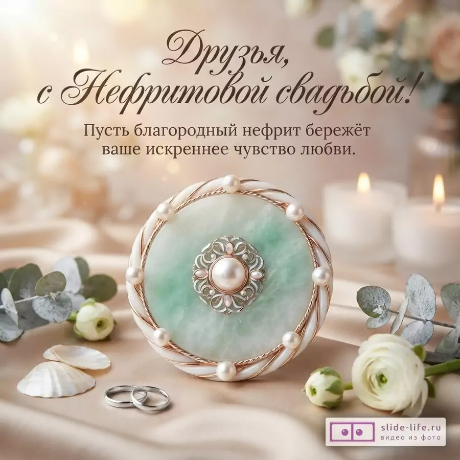 Нефритовый медальон с жемчугом, обручальные кольца, свечи и белые лютики на бежевой ткани с текстом: «Друзья, с Нефритовой свадьбой! Пусть благородный нефрит бережёт ваше искреннее чувство любви.»