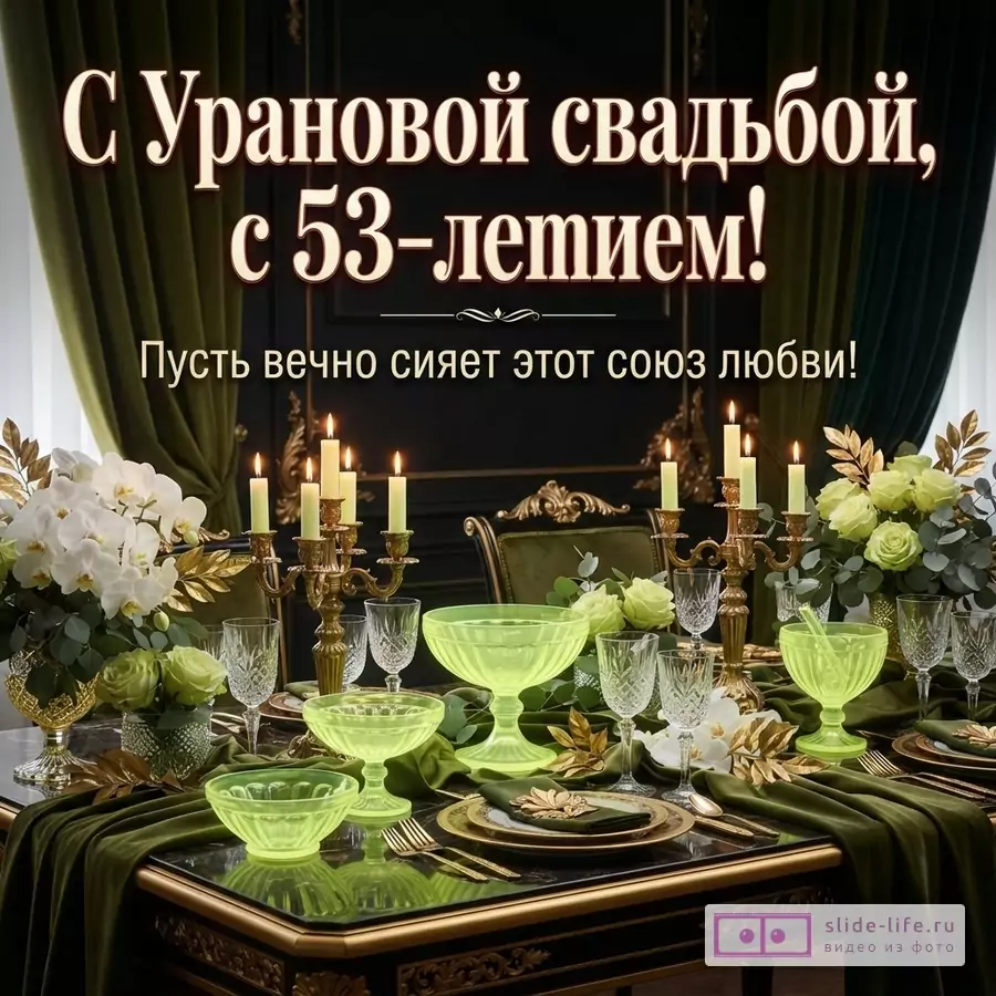 Темный интерьер, зеленые шторы, сервированный стол с зелеными бокалами, золотыми подсвечниками и бело-зелеными цветами. Текст «С Урановой свадьбой, с 53-летием! Пусть вечно сияет этот союз любви!»