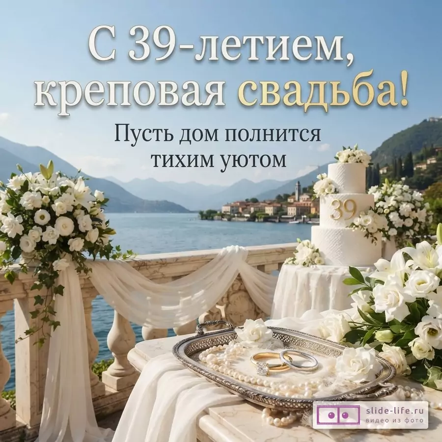 Открытка с видом на озеро и горы, на переднем плане балкон, украшенный белыми цветами, свадебный торт и поднос с кольцами. Текст: «С 39-летием, креповая свадьба! Пусть дом полнится тихим уютом»