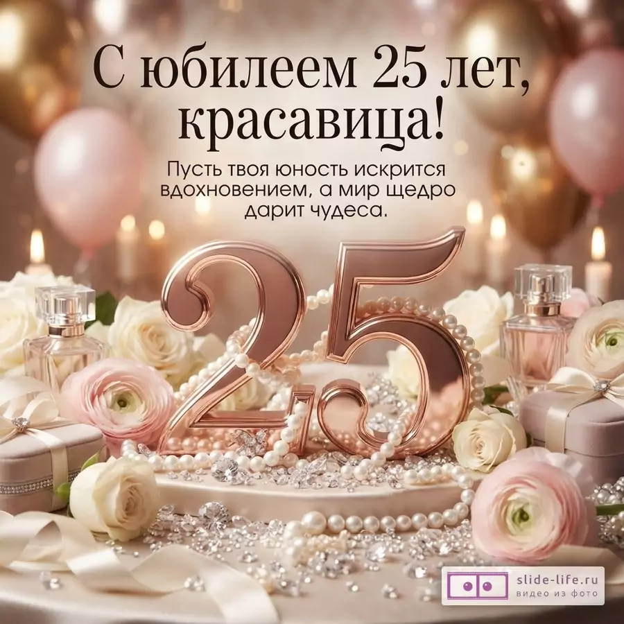 Праздничный бежево-розовый фон, шары, свечи, розы, жемчуг, подарки, объемные цифры 25, текст «С юбилеем 25 лет, красавица! Пусть твоя юность искрится вдохновением, а мир щедро дарит чудеса.»