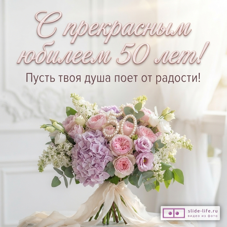 Букет розовых, сиреневых и белых цветов на белом фоне. Надпись «С прекрасным юбилеем 50 лет! Пусть твоя душа поет от радости!»