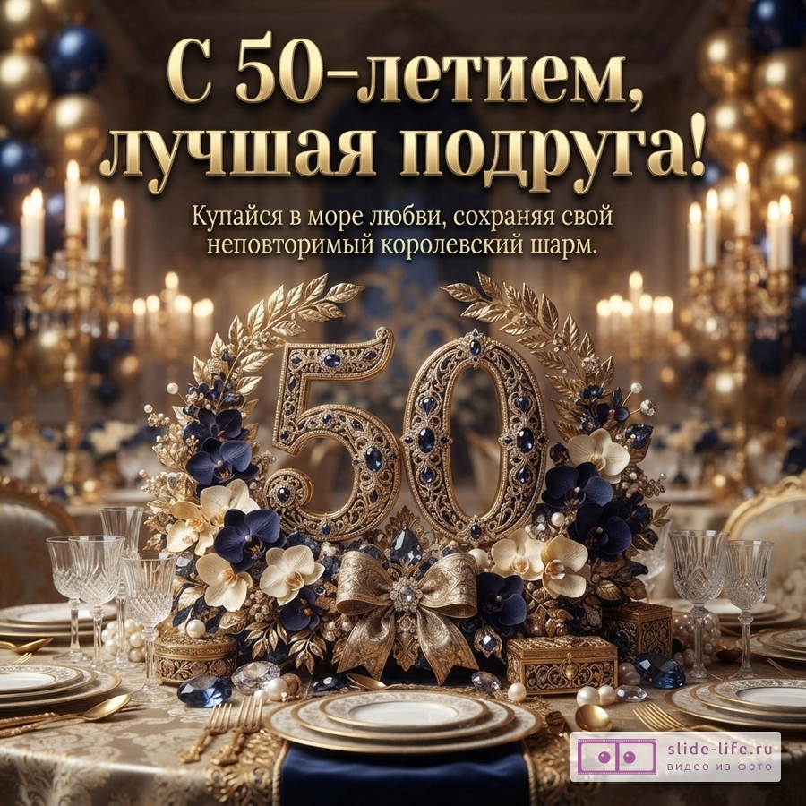 Открытка с золотыми буквами на темном фоне, украшенная золотыми шарами и свечами. В центре композиция из золотых цифр «50» с синими камнями, золотыми листьями и синими цветами. На переднем плане сервированный стол с золотой посудой. Текст: «С 50-летием, лучшая подруга! Купайся в море любви, сохраняя свой неповторимый королевский шарм.»