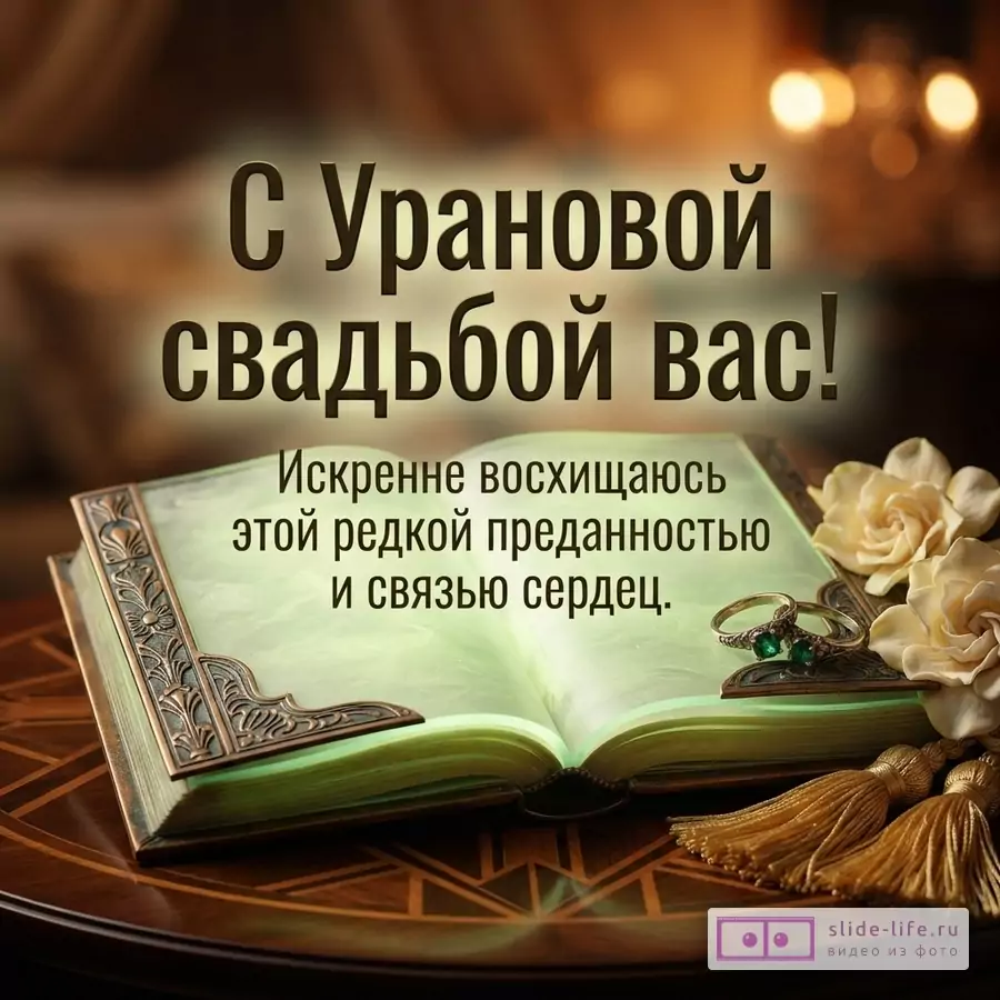 Открытка с Урановой свадьбой, фон размытый коричневый, на переднем плане открытая книга с зелеными страницами, два кольца с зелеными камнями, белые розы и золотые кисти. Текст: «С Урановой свадьбой вас! Искренне восхищаюсь этой редкой преданностью и связью сердец.»