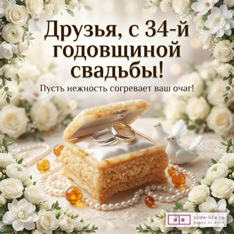 Фон светлый, бежевый. По углам белые розы и зелёные листья. В центре открытая шкатулка из янтаря с двумя обручальными кольцами. Рядом жемчужные бусы и две белые птицы. Текст: «Друзья, с 34-й годовщиной свадьбы! Пусть нежность согревает ваш очаг!»