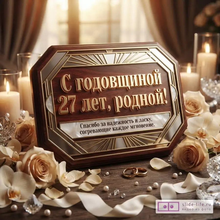 Деревянная рамка с золотыми элементами на фоне свечей, роз и обручальных колец. Текст «С годовщиной 27 лет, родной! Спасибо за надежность и ласку, согревающие каждое мгновение.»