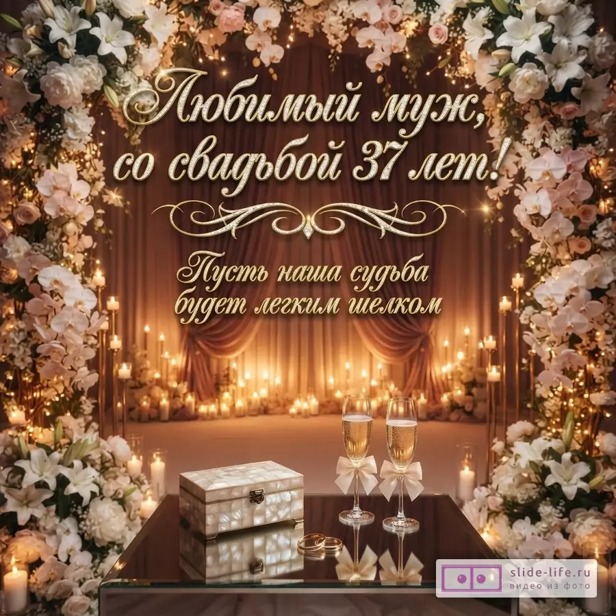 Открытка с цветочной аркой, свечами, бокалами шампанского и шкатулкой. Фон бежевый. Текст «Любимый муж, со свадьбой 37 лет! Пусть наша судьба будет легким шелком»