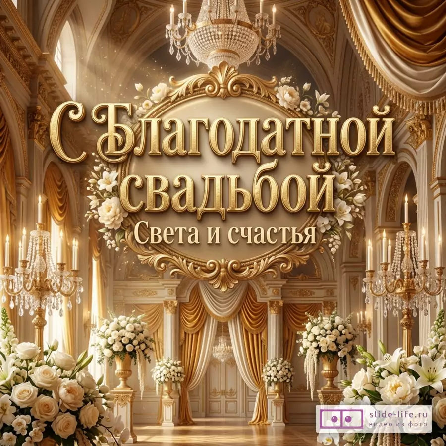 Золотисто-белая открытка с интерьером дворцового зала, люстрами, свечами, белыми цветами и круглой декоративной рамой с текстом «С Благодатной свадьбой Света и счастья»
