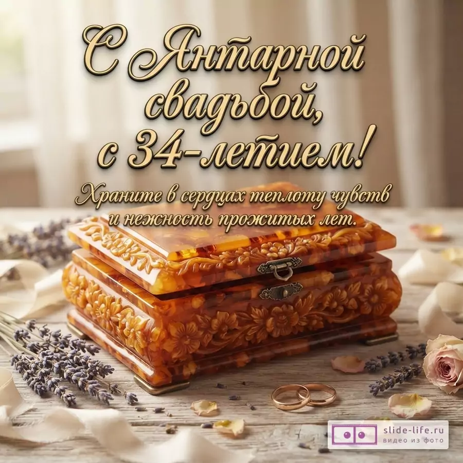 Коричневая янтарная шкатулка на деревянном столе, рядом лаванда, роза, лепестки и два золотых кольца. Текст: «С Янтарной свадьбой, с 34-летием! Храните в сердцах теплоту чувств и нежность прожитых лет.»